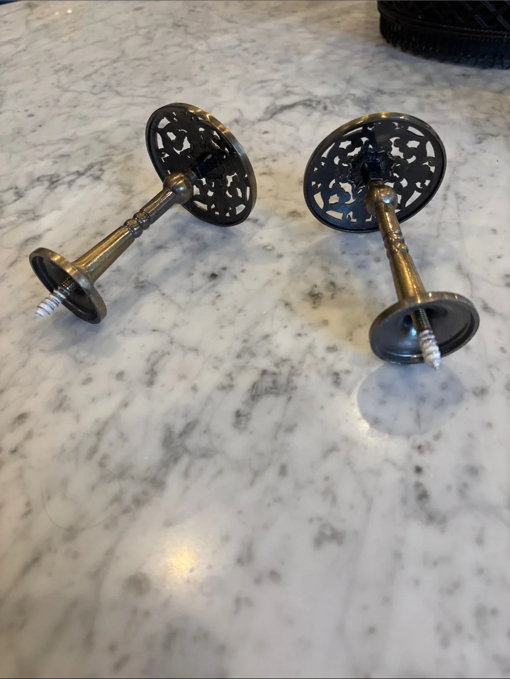 Ornate Round Brass Curtain Tieback Hooks - Antique Brass
